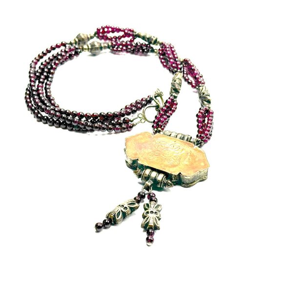 28" Vintage Tibetan Garnet Prayer Box Necklace—Gilt Gau with Multi-Strand Beads - Picture 6 of 14